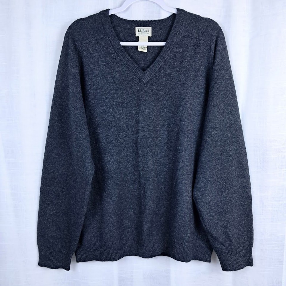 LL Bean Classic Mens L V-Neck Sweater 100% Lambswool Charcoal Gray Heather